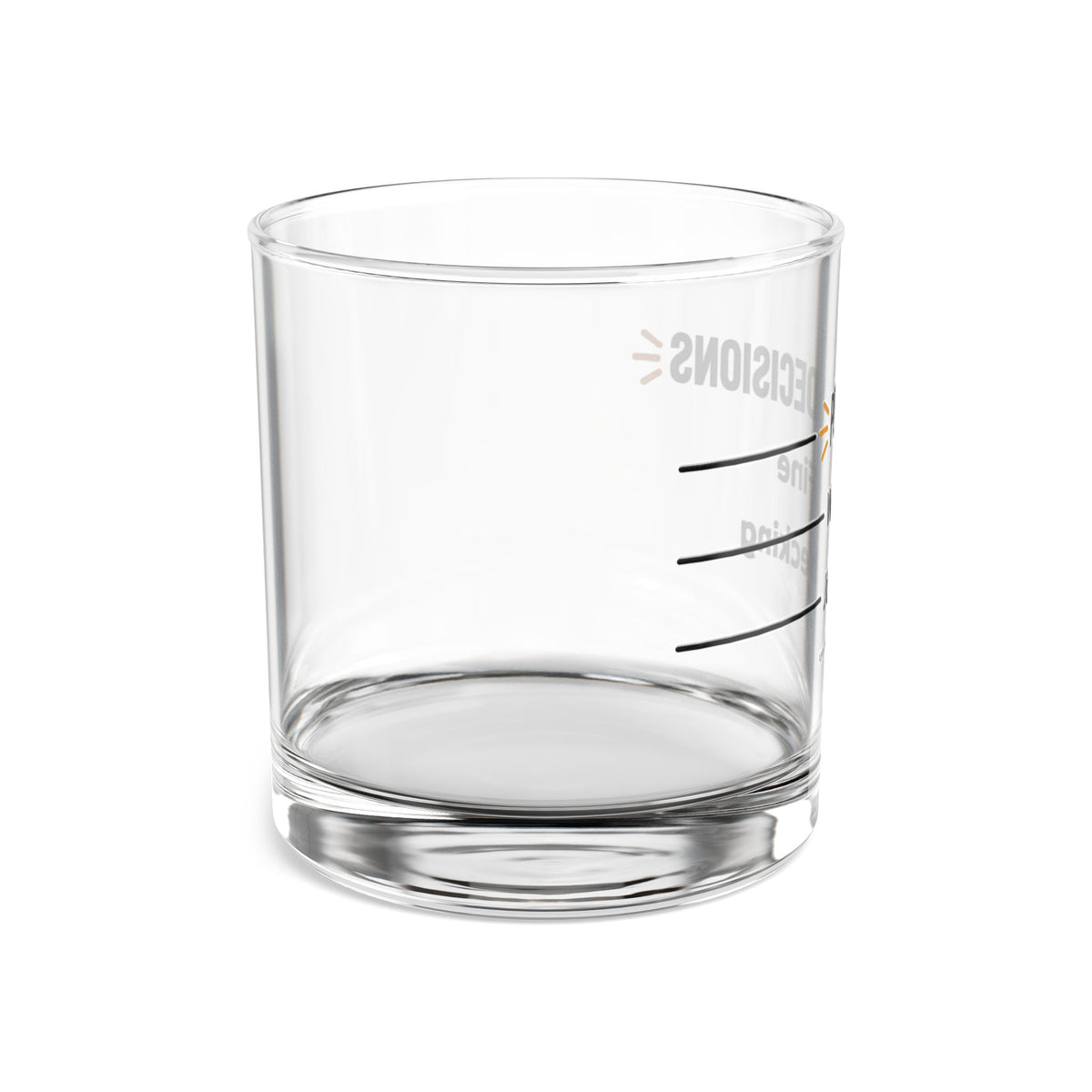 Side view of the Pour Decision rocks glass showing the pour-line marks, Unhinged Decor.