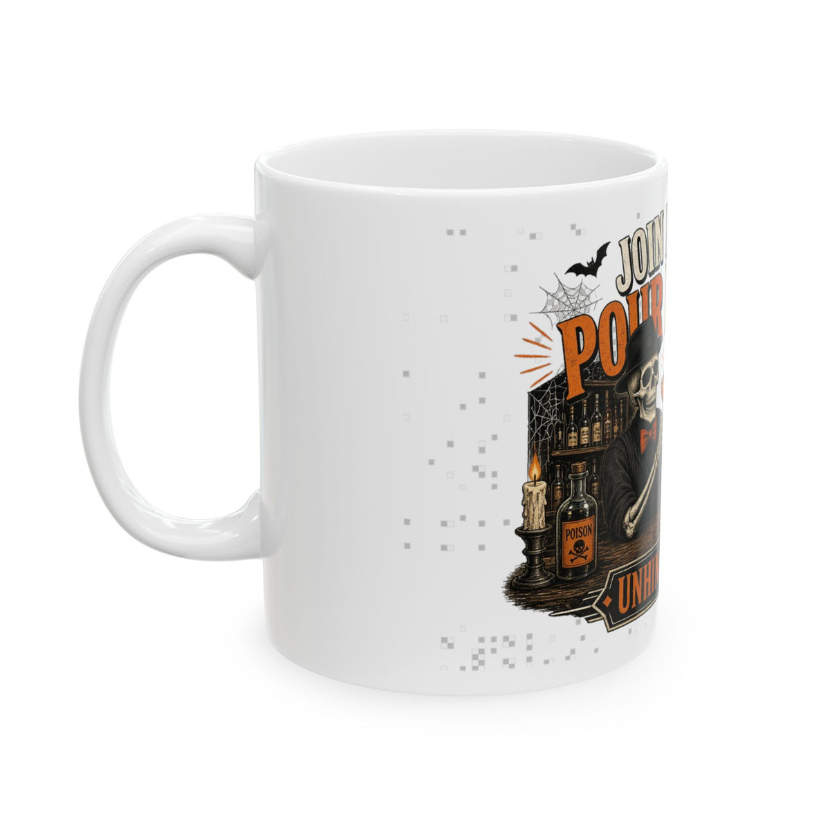 Left side of the Pour Decision mug: wrap art with bar shelf, candles, and UNHINGED DECOR nameplate, Unhinged Decor.