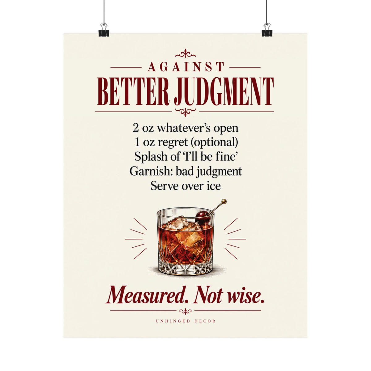 Against Better Judgment Cocktail Recipe Print 16×20 | Home Bar Christmas Gift