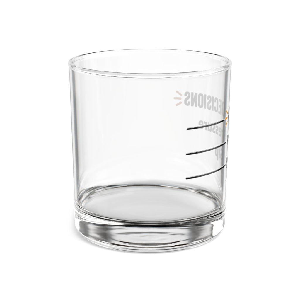 Side view of the Pour Decision rocks glass showing the pour-line marks, Unhinged Decor.