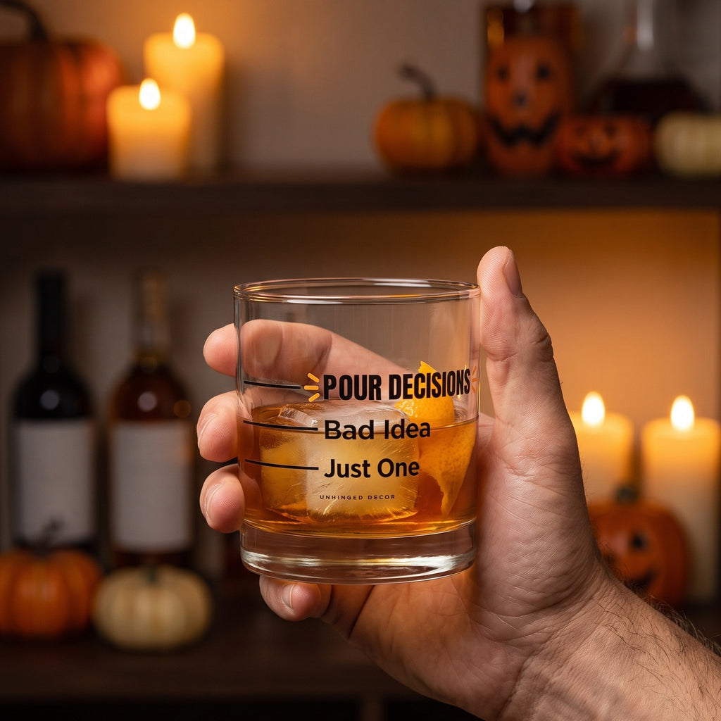 Hand holding the Pour Decision rocks glass 'Just One / Bad Idea' with whiskey, ice and orange peel in a candlelit fall home bar, Unhinged Decor