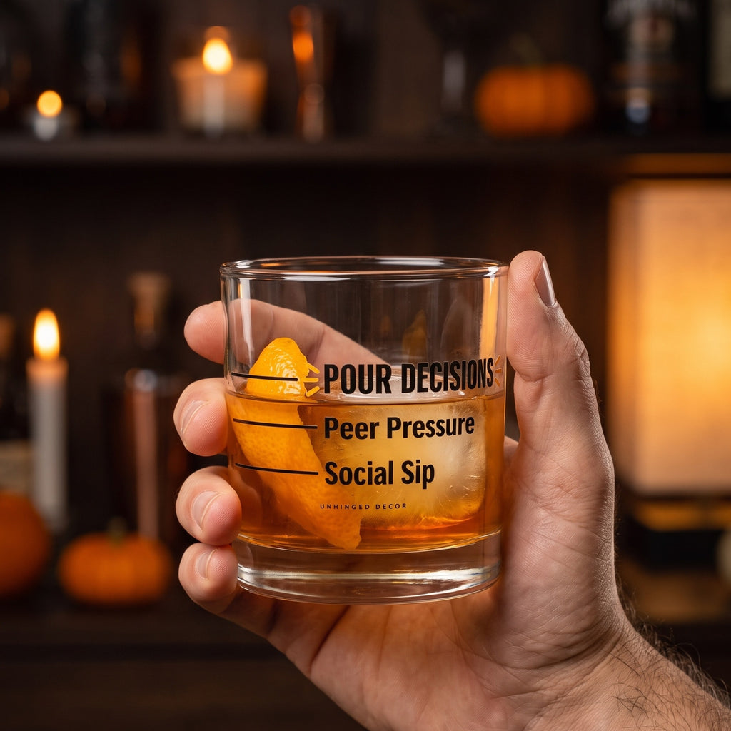 Hand holding the Pour Decision rocks glass 'Social Sip / Peer Pressure' with whiskey, ice and orange peel in a candlelit fall home bar, Unhinged Decor